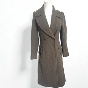 Club Monaco Wool Blend Military Coat | Olive Brown Tailored Longline Jacket XS